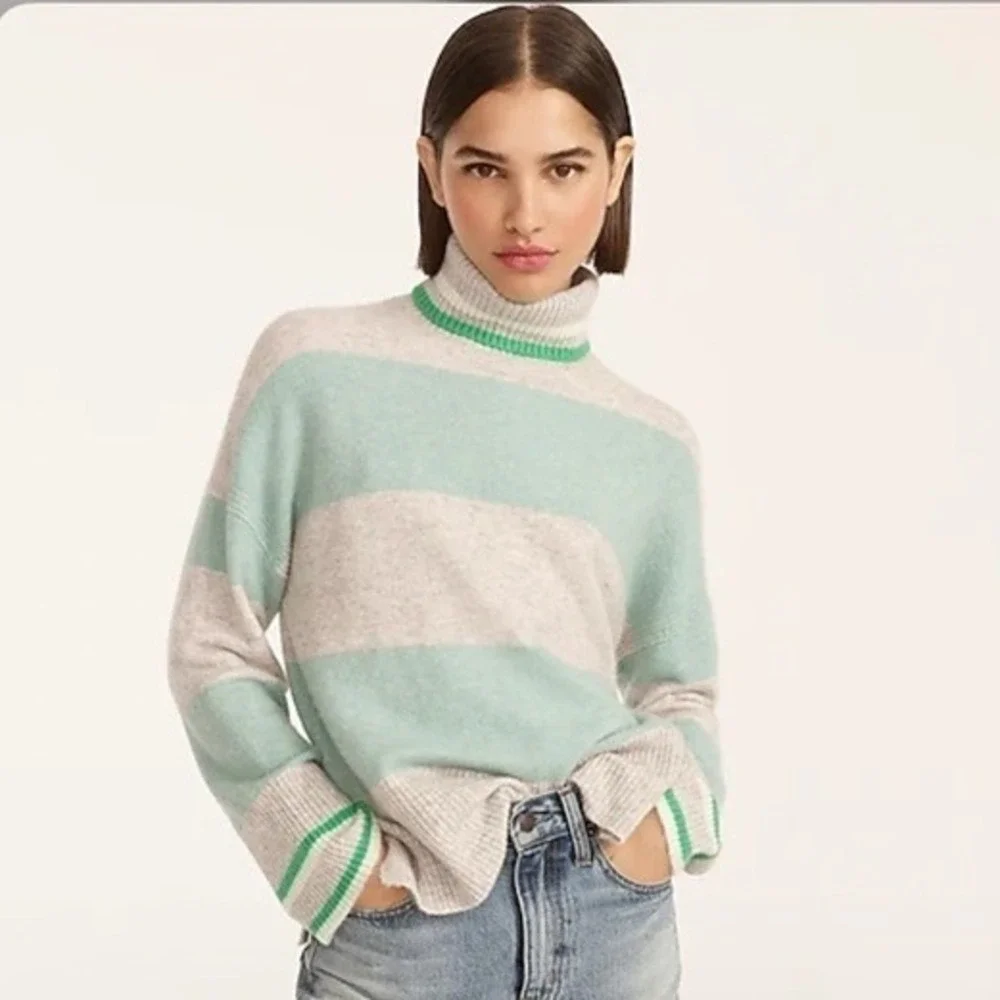 J. Crew Striped Turtleneck Sweater Supersoft Yarn Women Medium Grey Green Merino